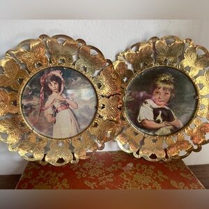 Vintage Brass pictures of pinkie and little girl holding dog. Made in England.